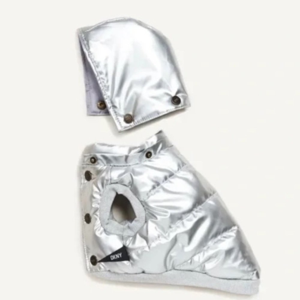 DKNY Metallic Silver Luxury Dog Puffer Jacket/Coat NWOT - Picture 2 of 6